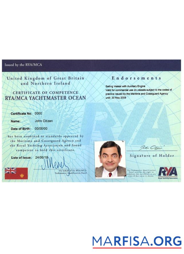 Realistic United Kingdom RYA Yachtmaster Certificates of Competence PSD sample template